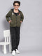 Boys Olive Printed Hooded Full Sleeve Sweatshirt