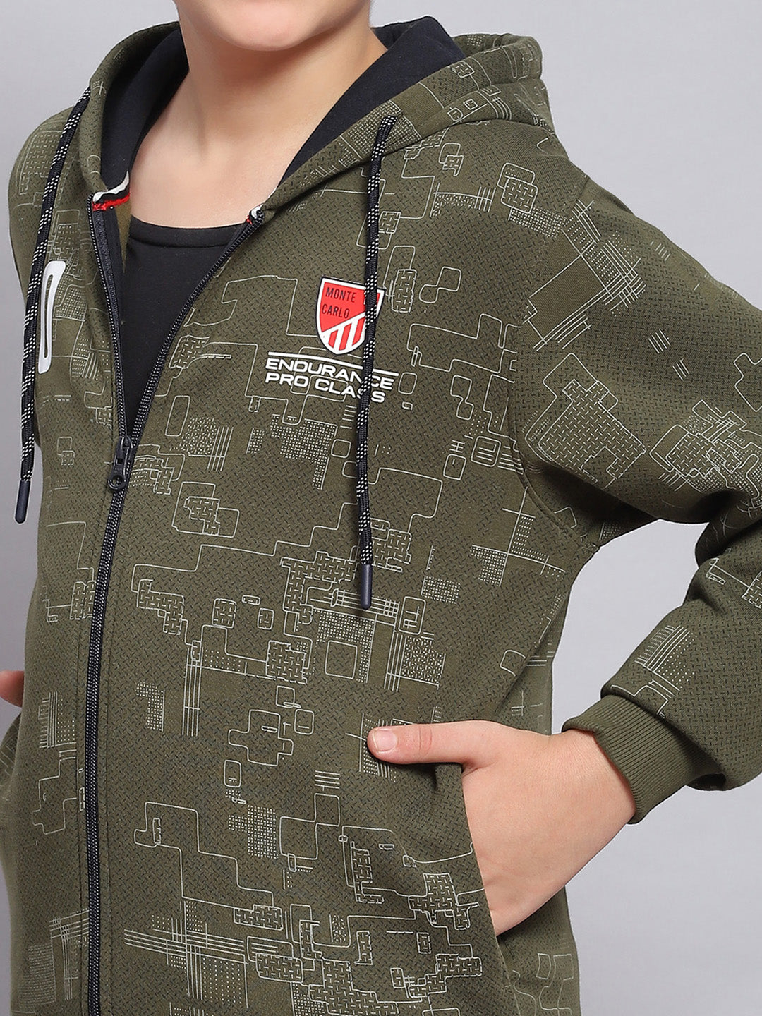 Boys Olive Printed Hooded Full Sleeve Sweatshirt