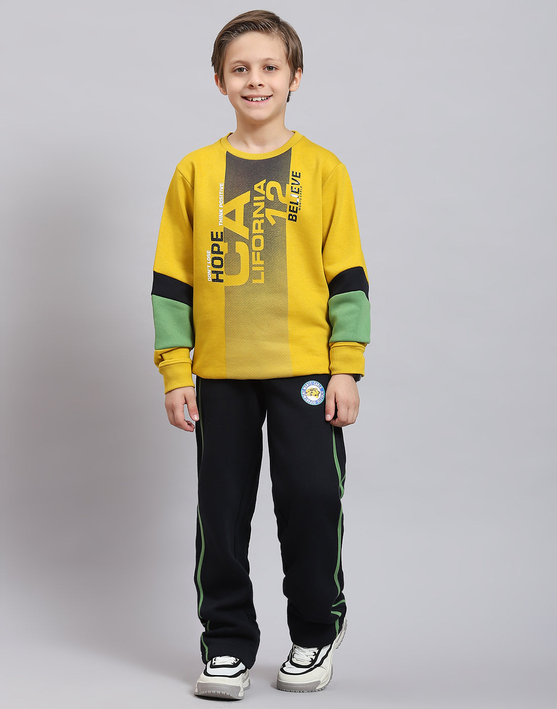 Boys Yellow Printed Round Neck Full Sleeve Tracksuit