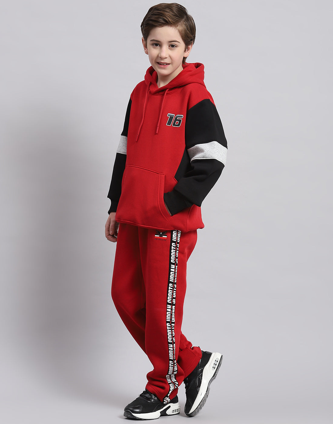 Boys Red Printed Hooded Full Sleeve Tracksuit