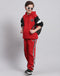 Boys Red Printed Hooded Full Sleeve Tracksuit
