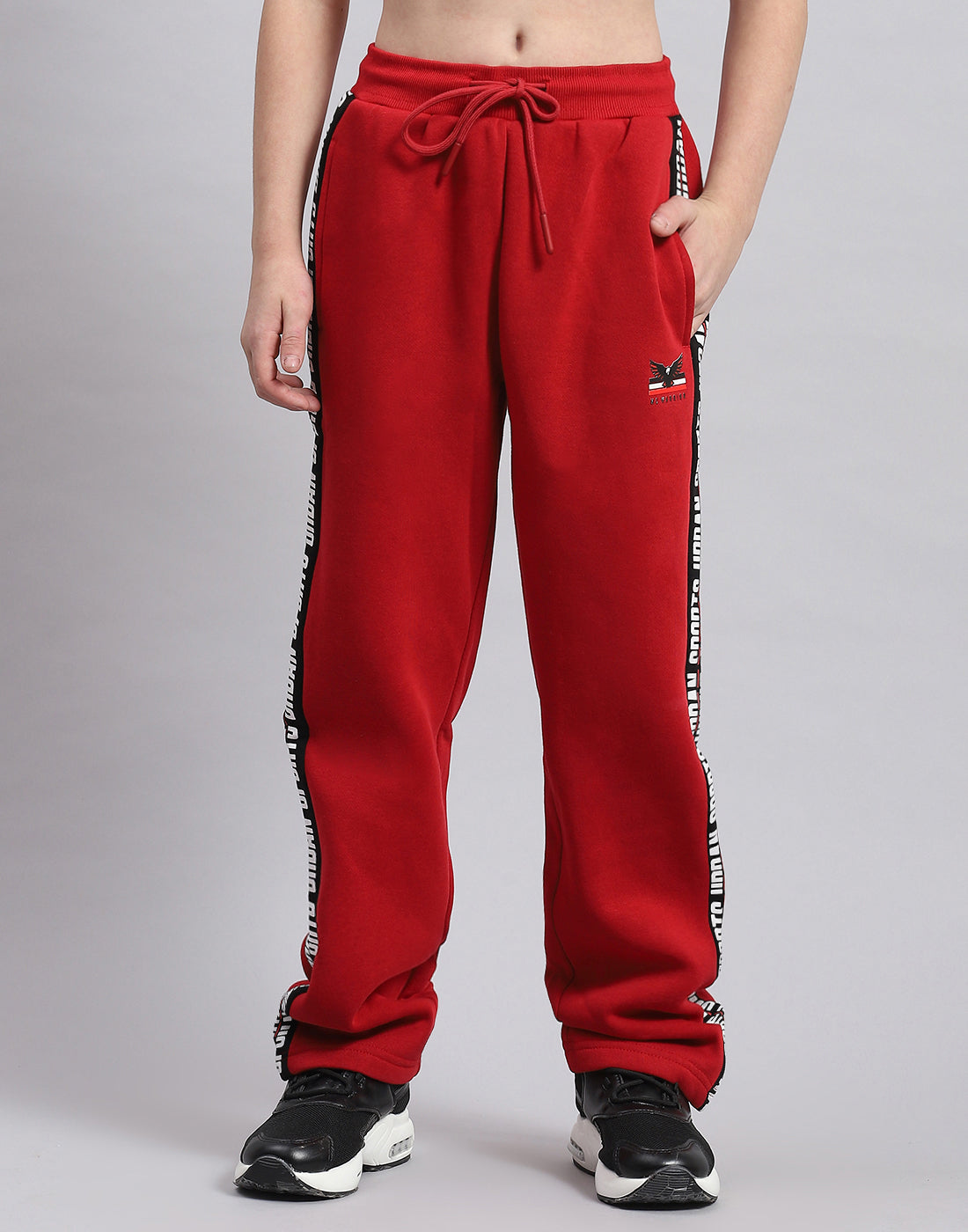 Boys Red Printed Hooded Full Sleeve Tracksuit
