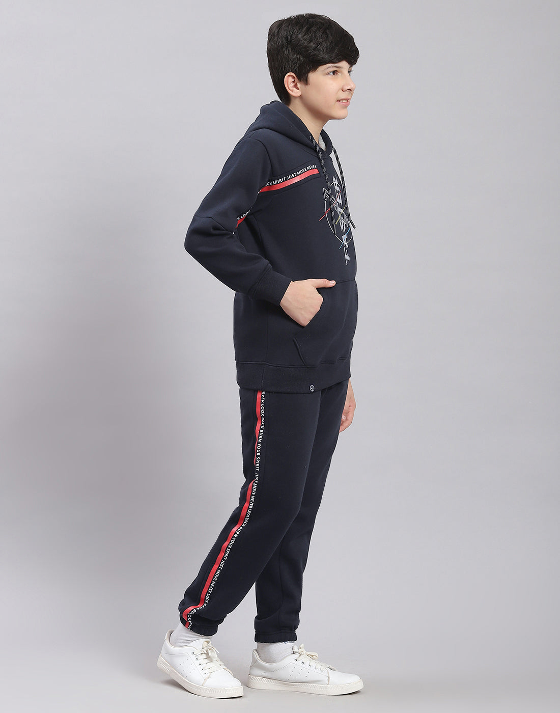 Boys Navy Blue Printed Hooded Full Sleeve Tracksuit