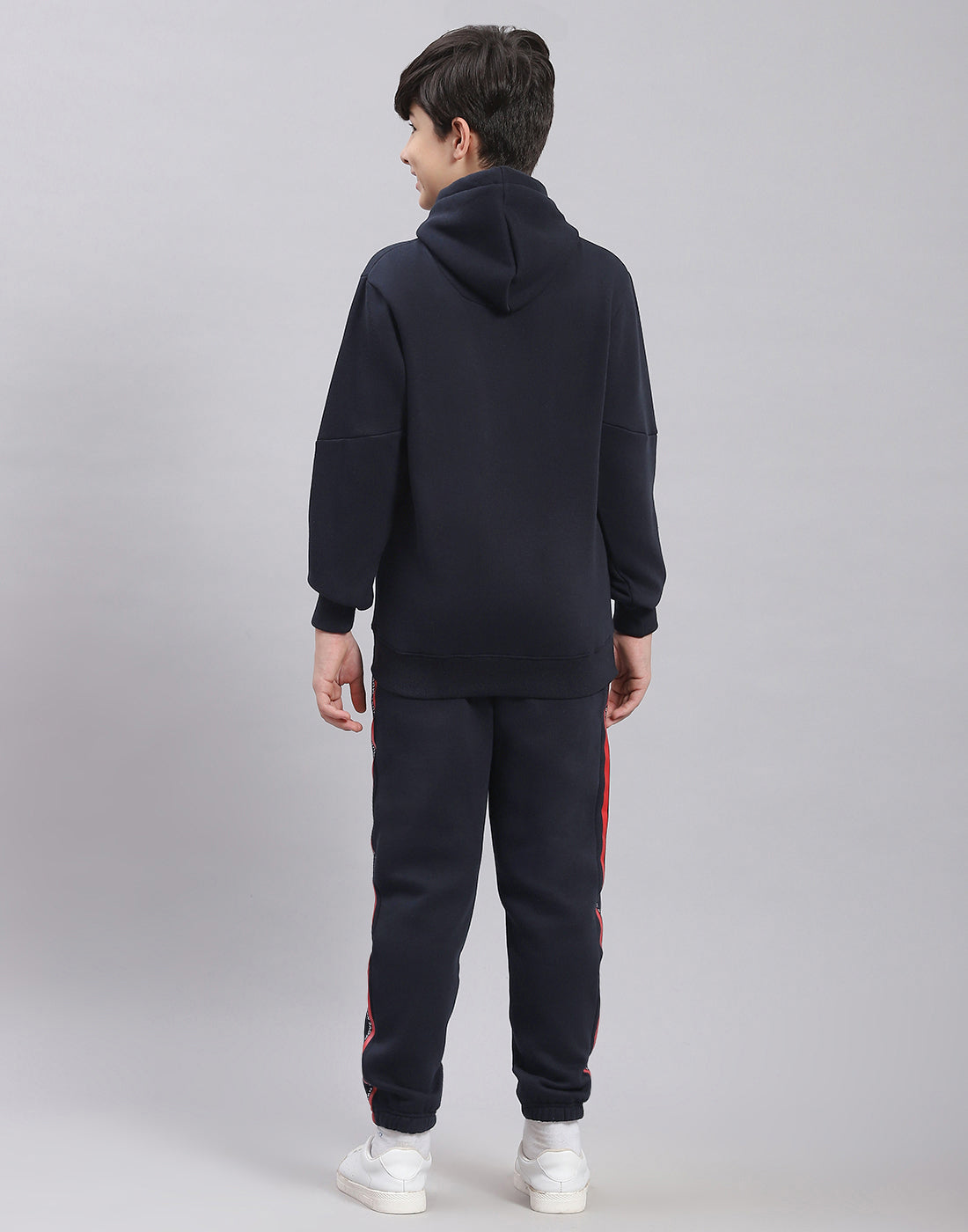 Boys Navy Blue Printed Hooded Full Sleeve Tracksuit