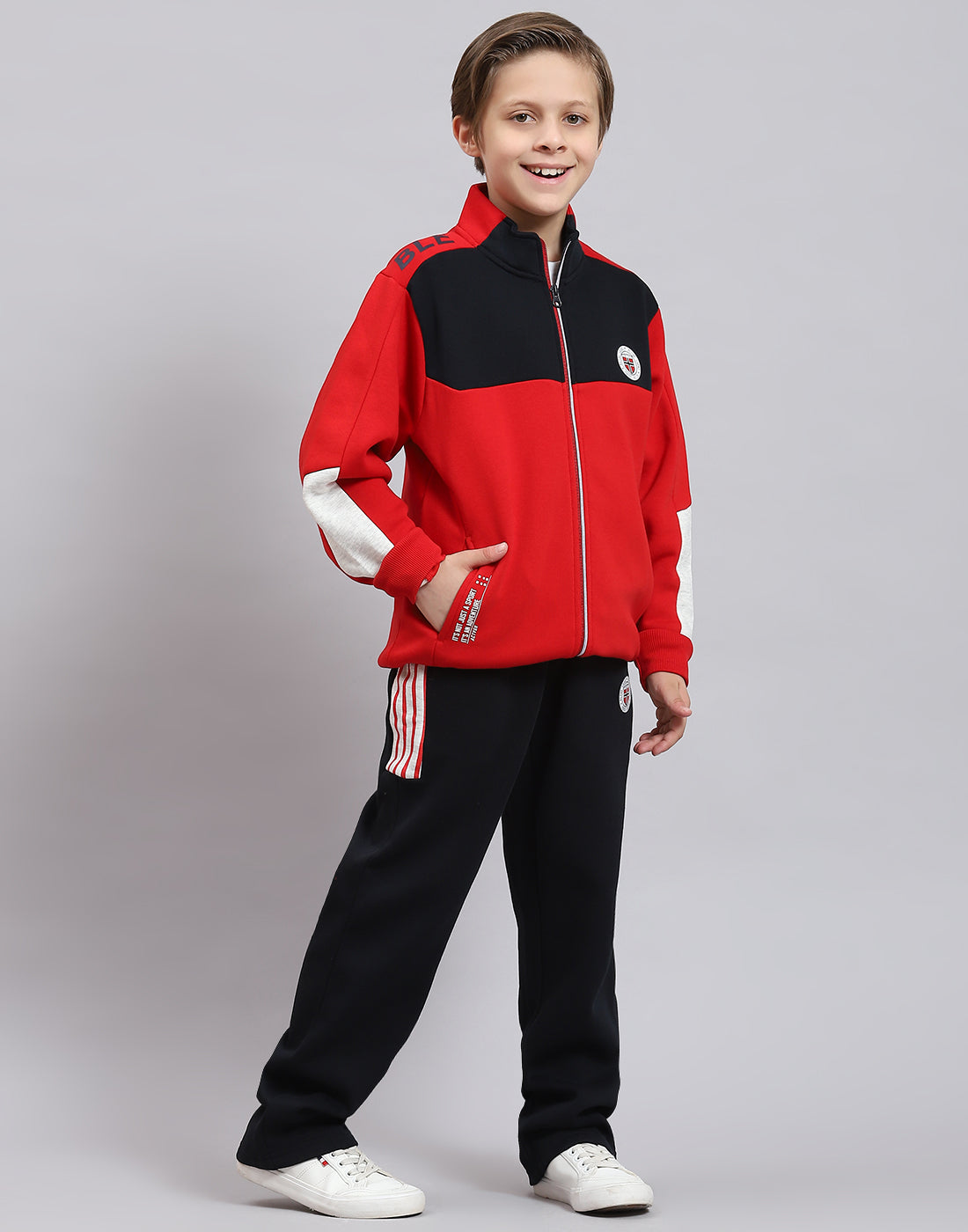 Boys Red Printed Stand Collar Full Sleeve Tracksuit