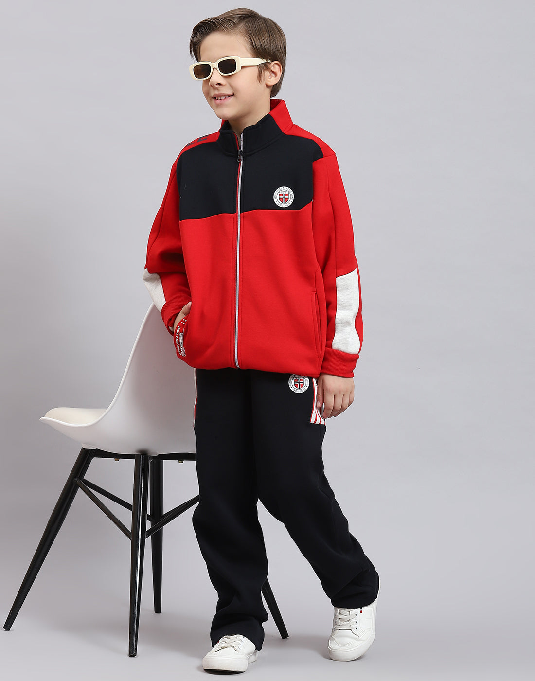 Boys Red Printed Stand Collar Full Sleeve Tracksuit