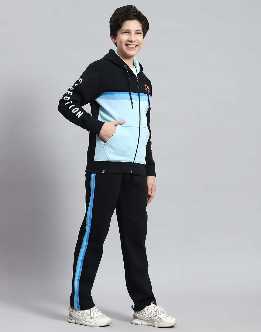 Boys Navy Blue Printed Round Neck Full Sleeve Tracksuit