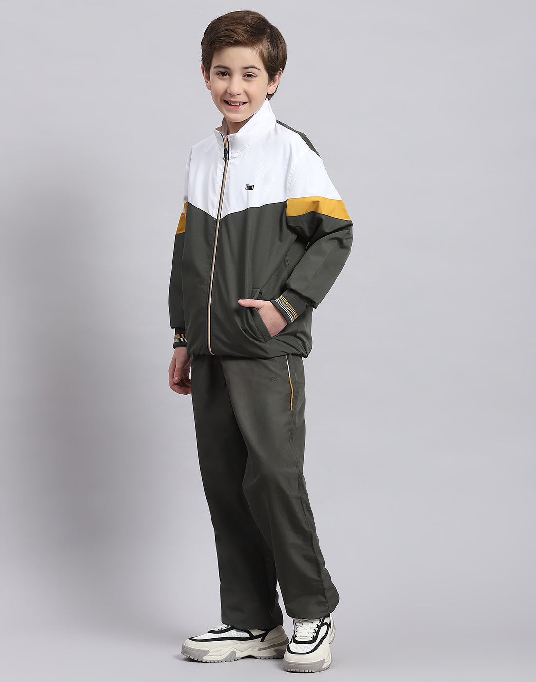 Boys Olive Printed Stand Collar Full Sleeve Tracksuit