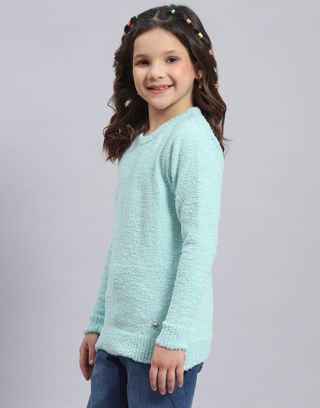 Girls Blue Solid Round Neck Full Sleeve Sweater