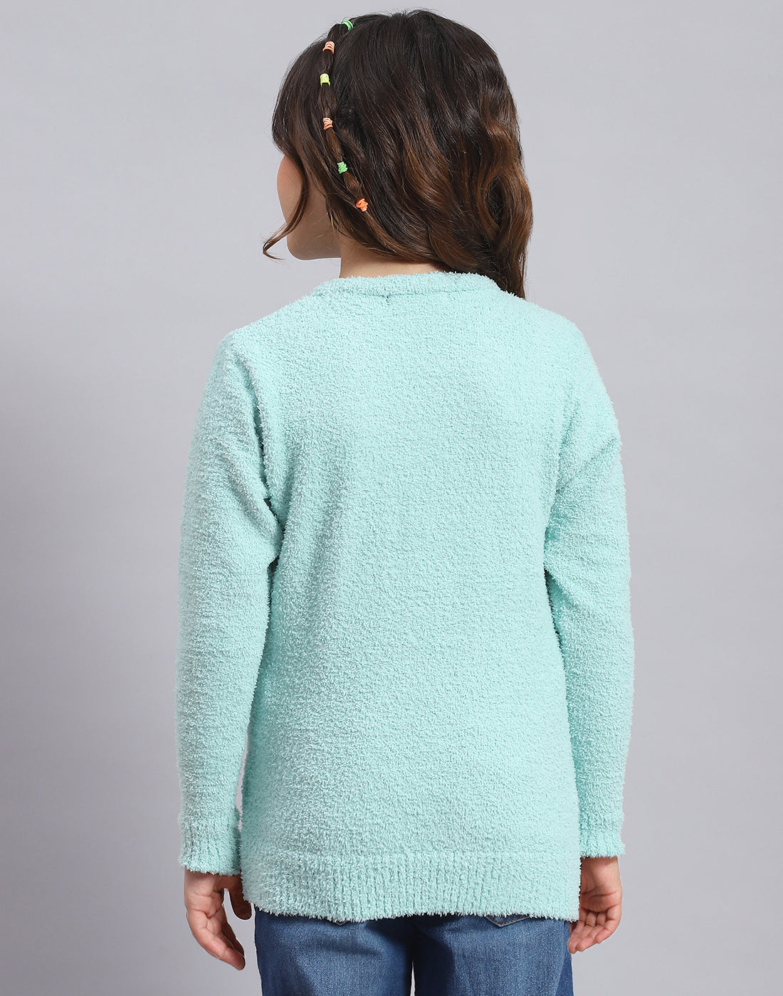 Girls Blue Solid Round Neck Full Sleeve Sweater