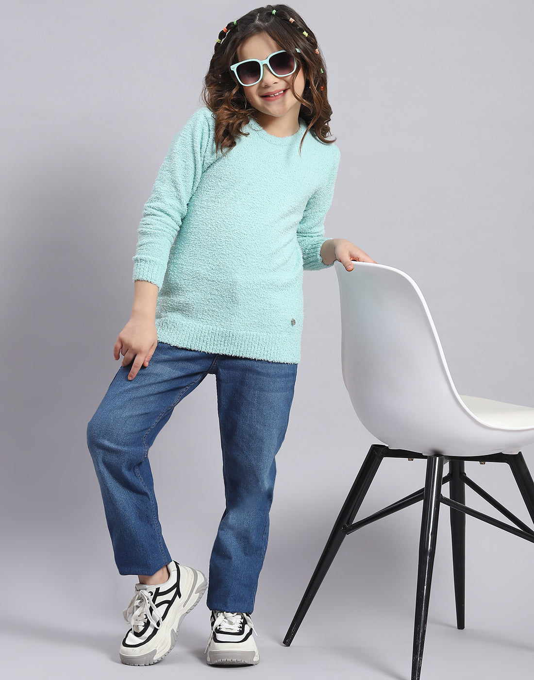 Girls Blue Solid Round Neck Full Sleeve Sweater
