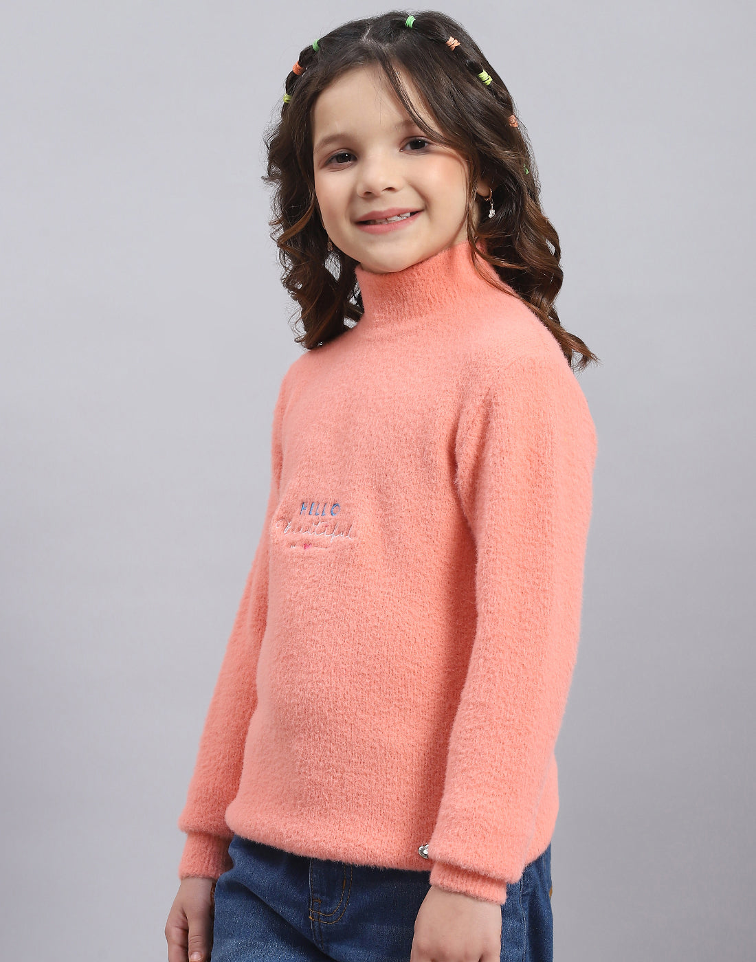 Girls Peach Solid T Neck Full Sleeve Sweater