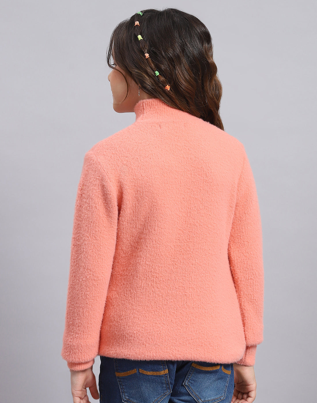 Girls Peach Solid T Neck Full Sleeve Sweater