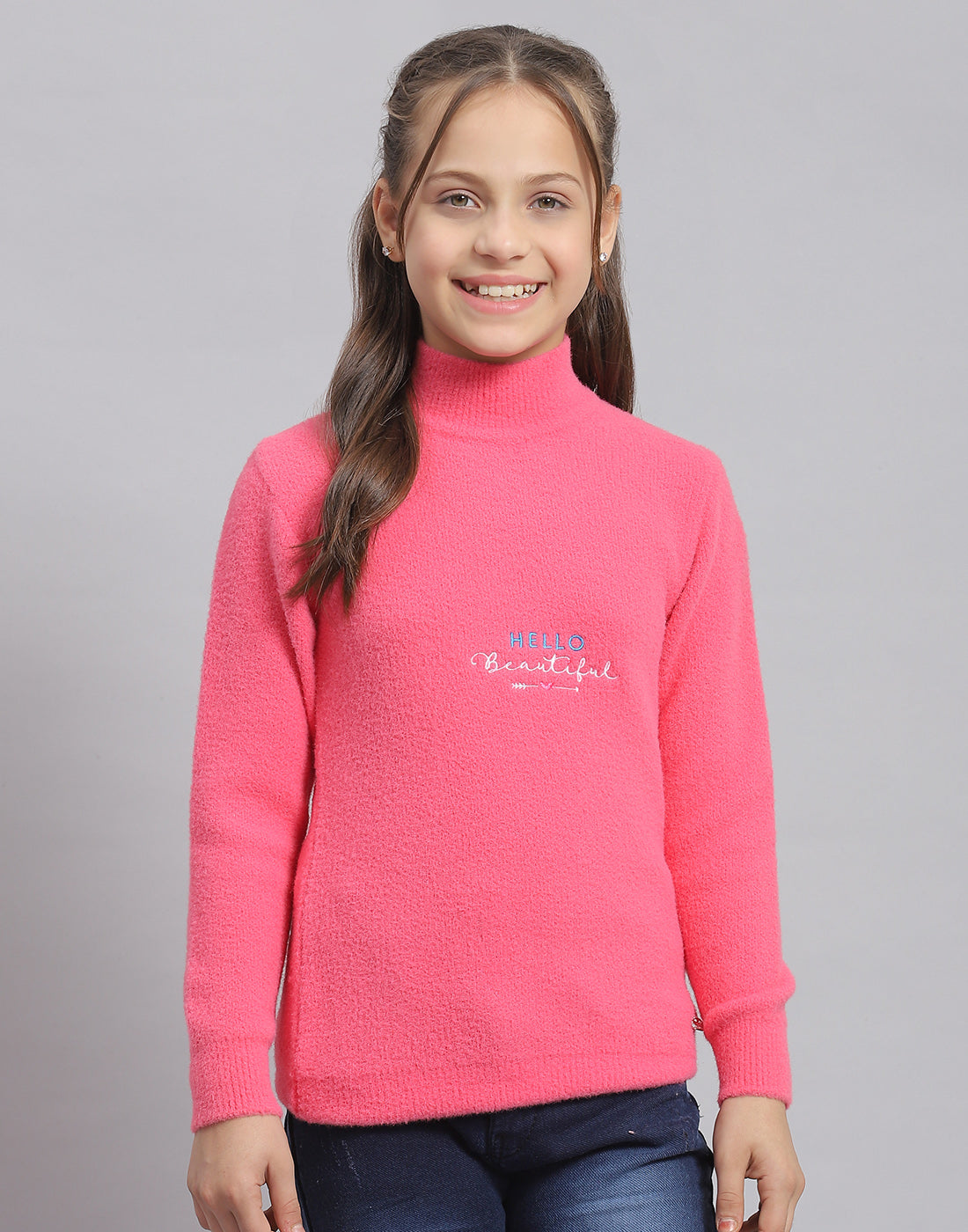 Girls Pink Solid T Neck Full Sleeve Sweater