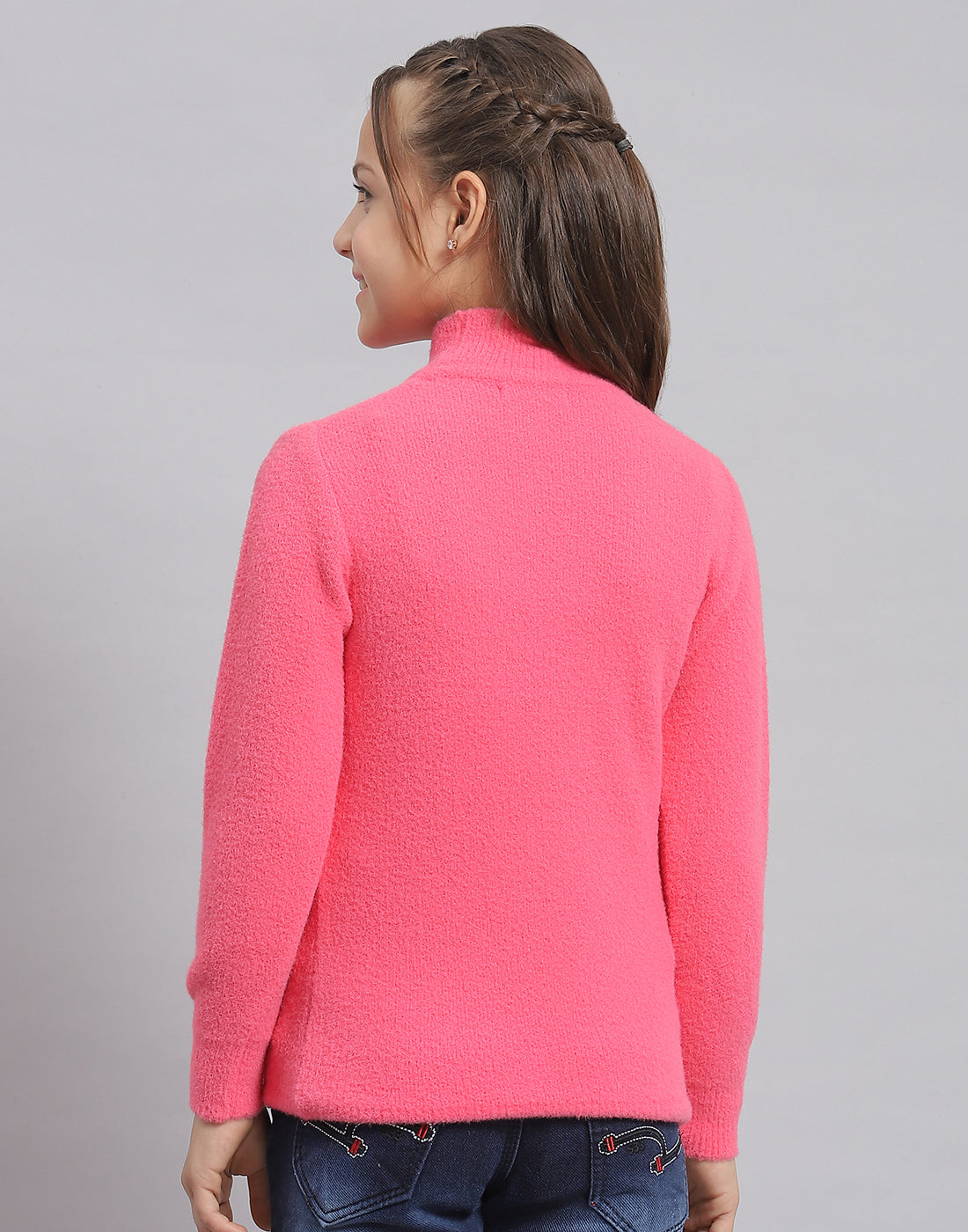 Girls Pink Solid T Neck Full Sleeve Sweater