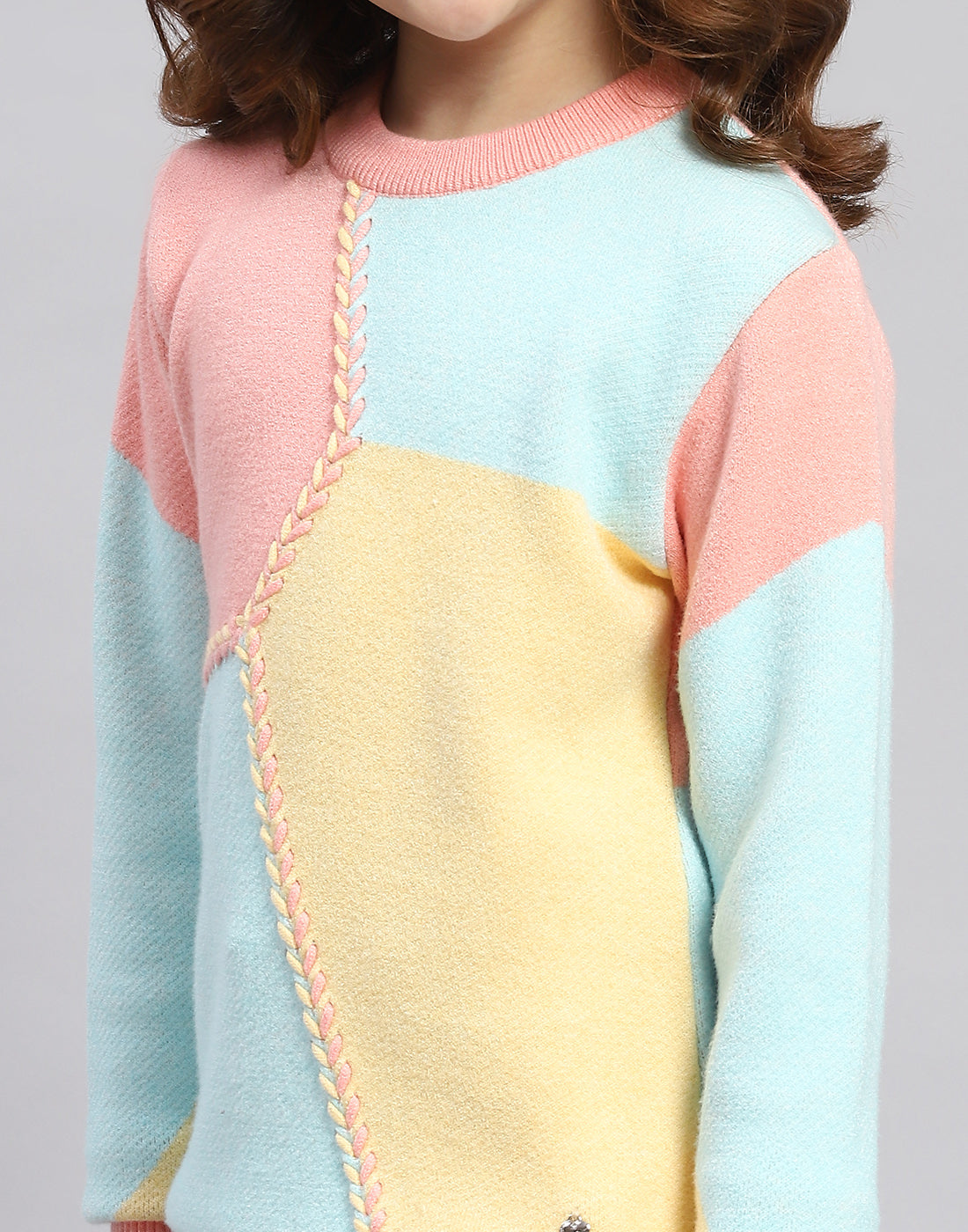 Girls Coral Self Design Round Neck Full Sleeve Sweater