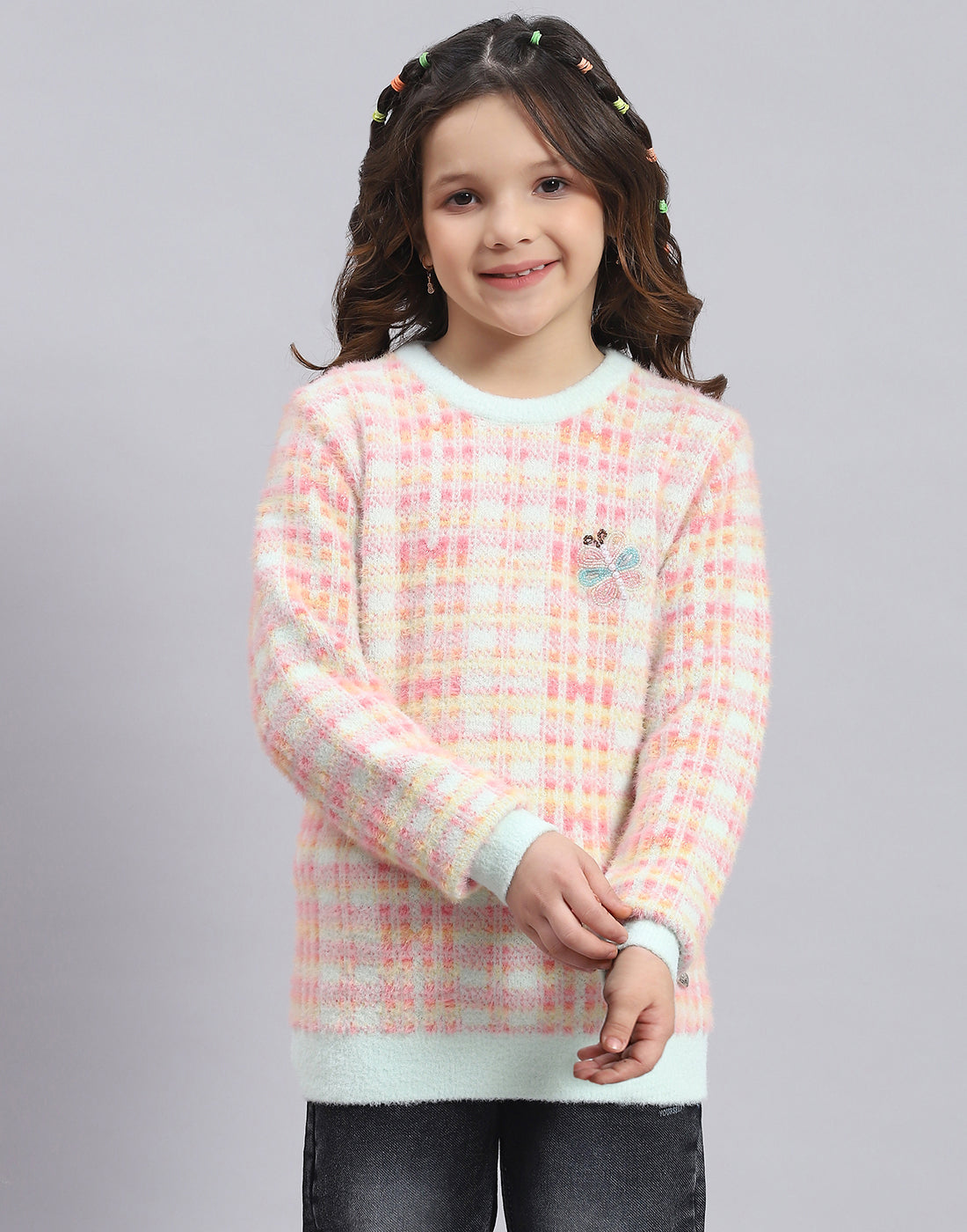 Girls Pink Self Design Round Neck Full Sleeve Sweater