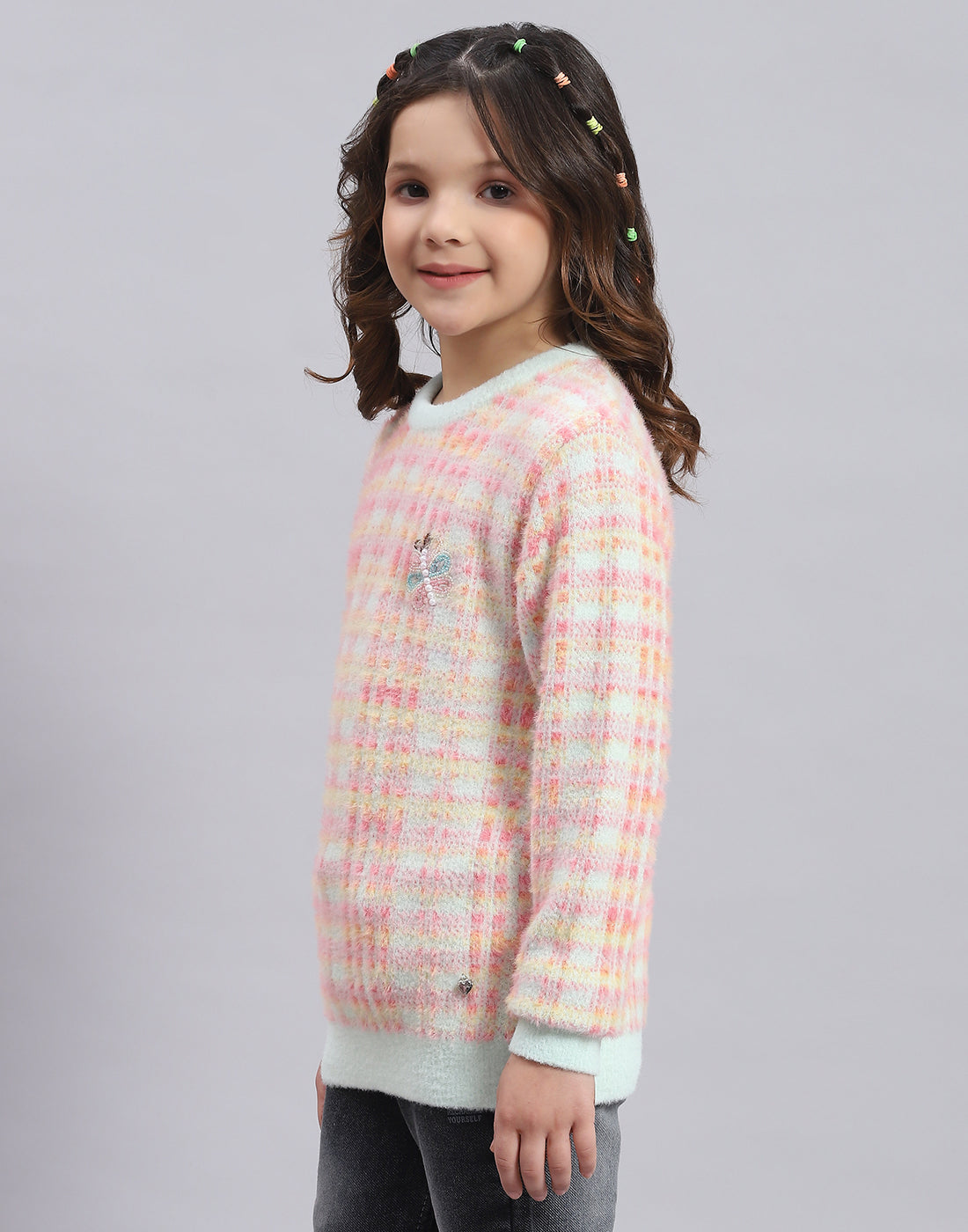 Girls Pink Self Design Round Neck Full Sleeve Sweater