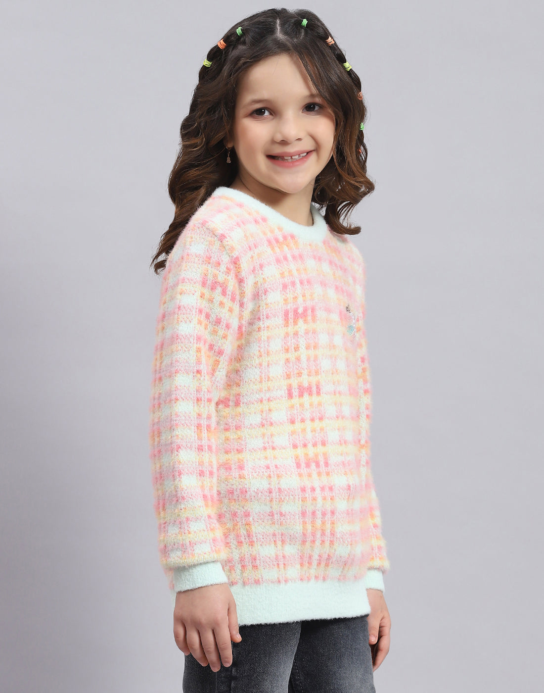 Girls Pink Self Design Round Neck Full Sleeve Sweater