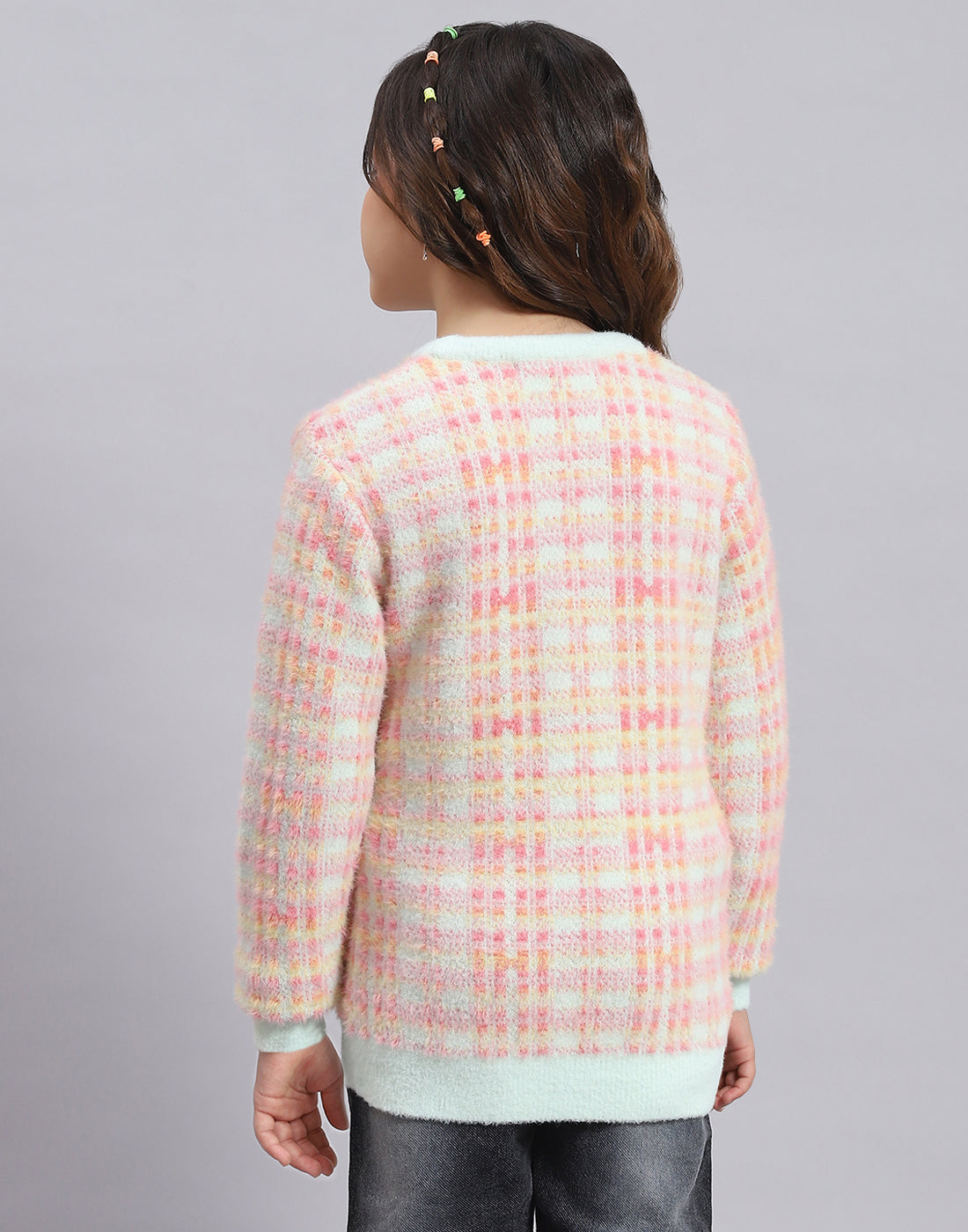 Girls Pink Self Design Round Neck Full Sleeve Sweater