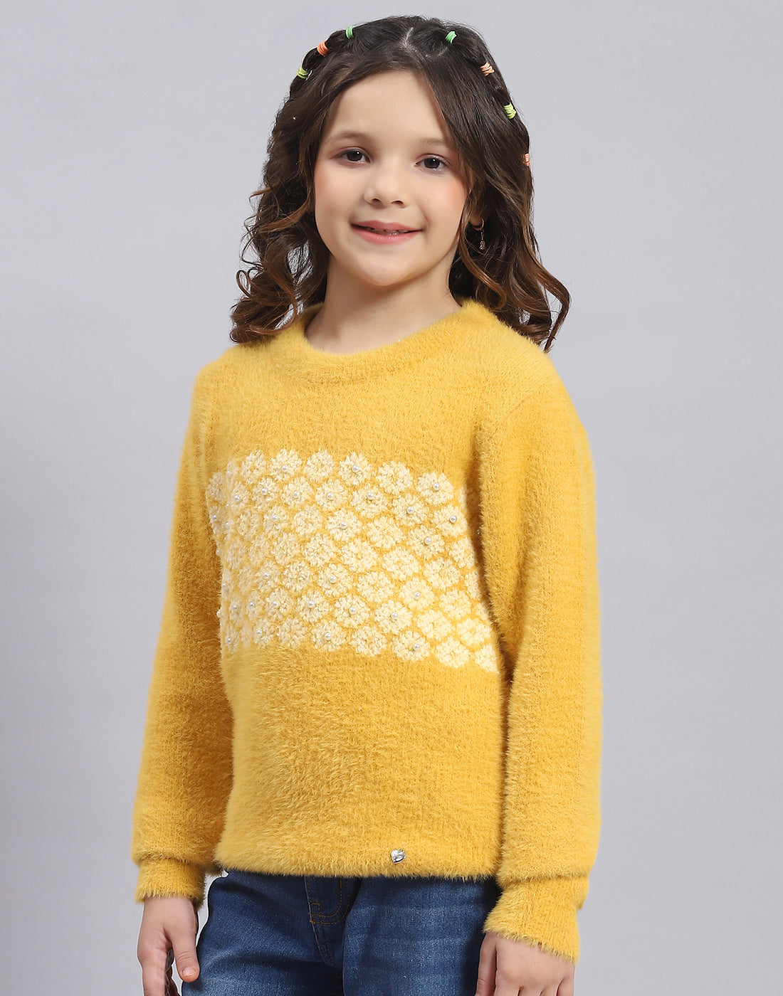 Girls Mustard Self Design Round Neck Full Sleeve Sweater