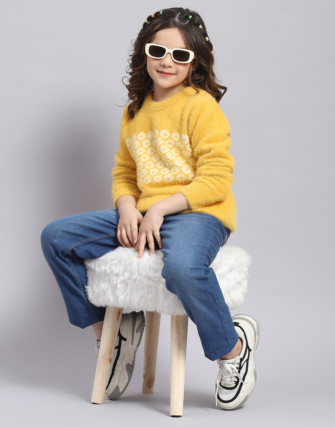 Girls Mustard Self Design Round Neck Full Sleeve Sweater