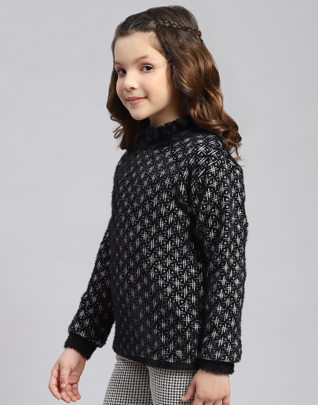 Girls Black Self Design F Neck Full Sleeve Sweater