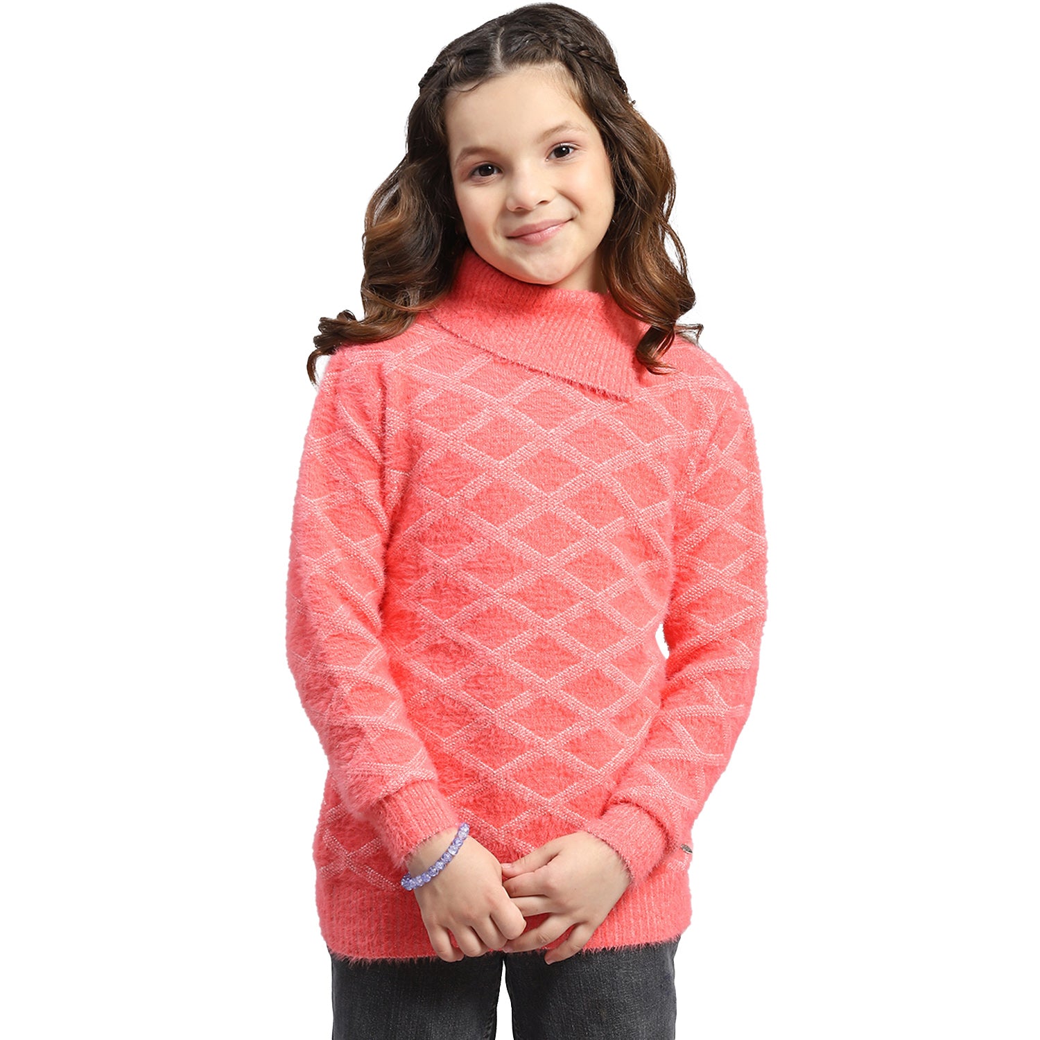 Girls Coral Self Design F Neck Full Sleeve Sweater