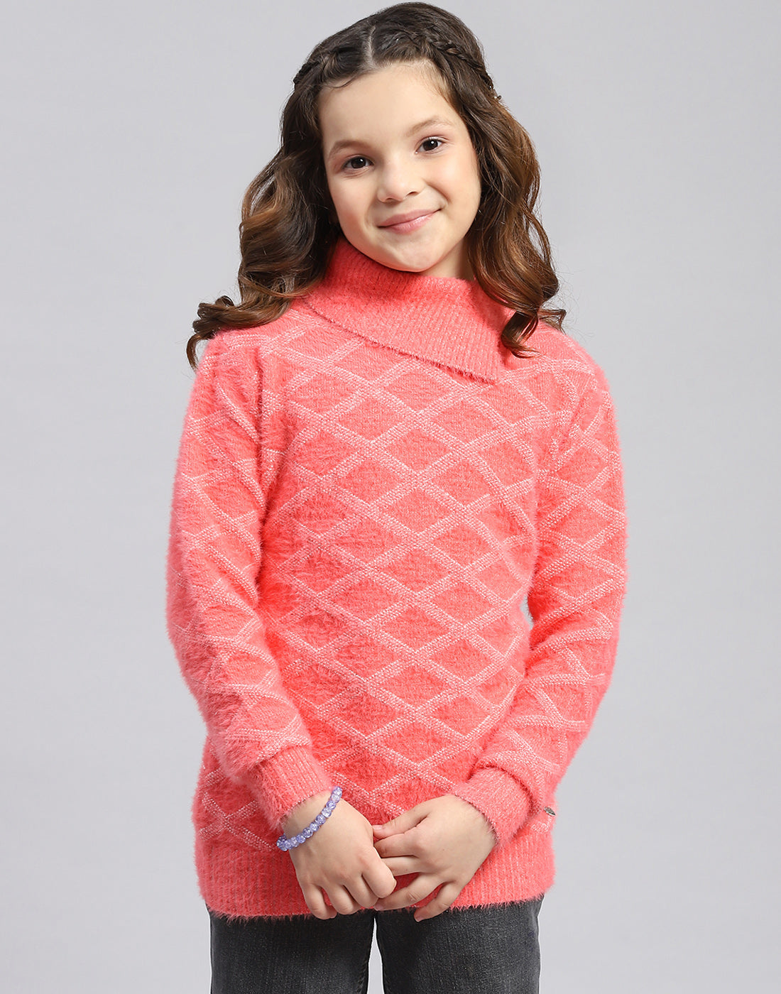 Girls Coral Self Design F Neck Full Sleeve Sweater