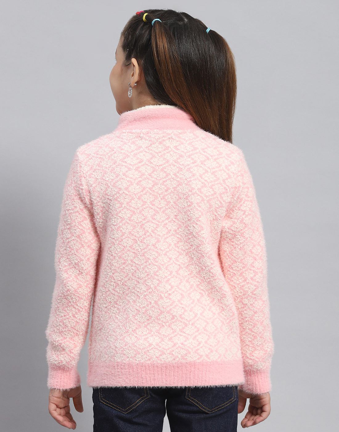 Girls Pink Self Design H Neck Full Sleeve Sweater