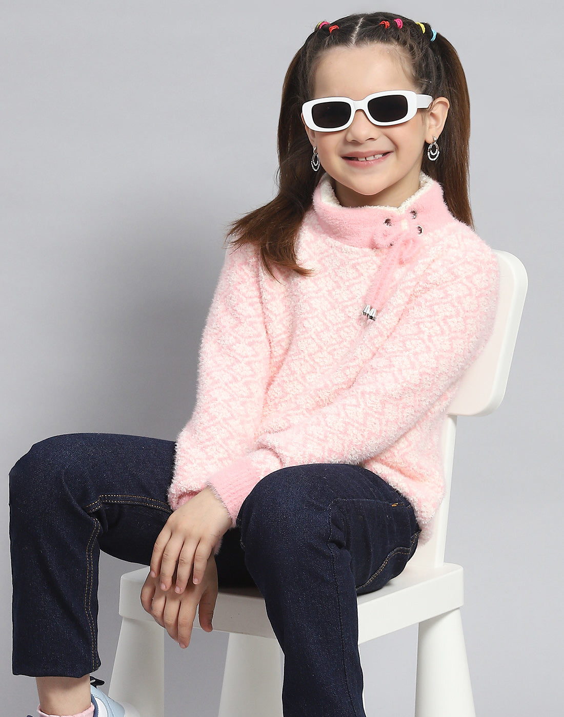 Girls Pink Self Design H Neck Full Sleeve Sweater