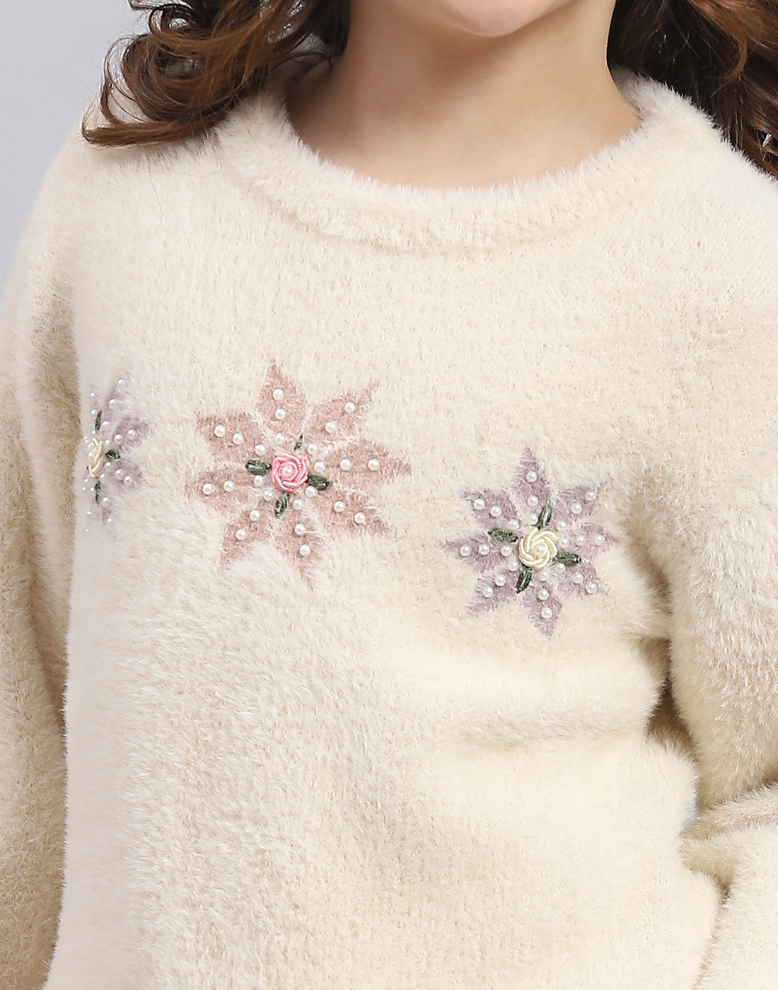Girls Beige Embellished Round Neck Full Sleeve Sweater