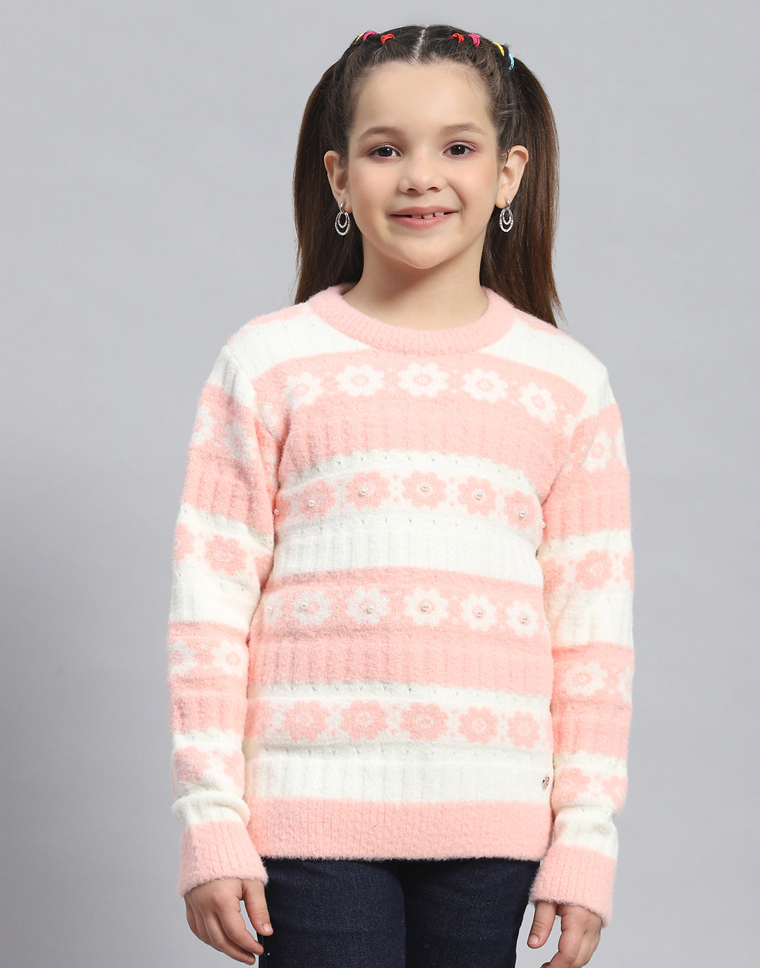 Girls Peach Self Design Round Neck Full Sleeve Sweater