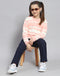Girls Peach Self Design Round Neck Full Sleeve Sweater