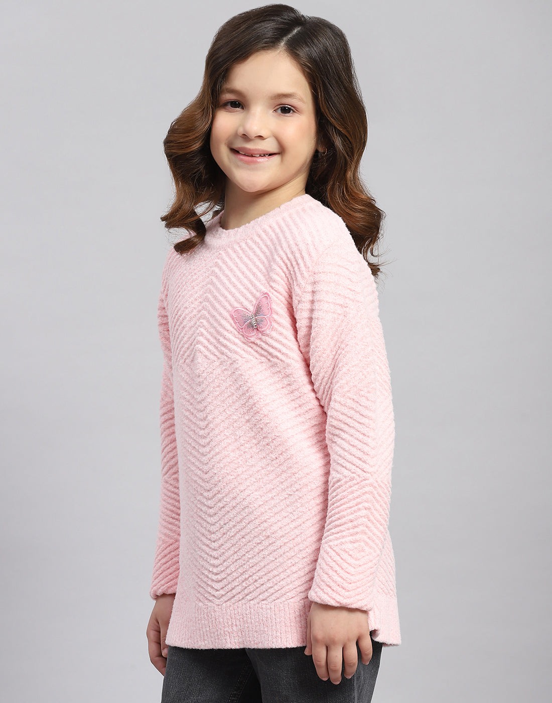 Girls Pink Self Design Round Neck Full Sleeve Sweater