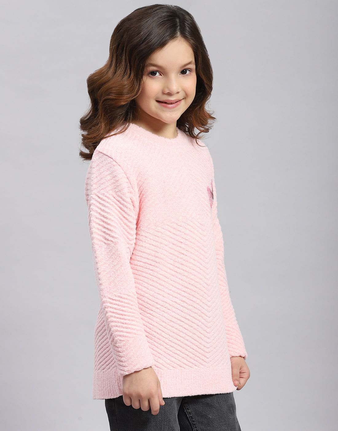 Girls Pink Self Design Round Neck Full Sleeve Sweater
