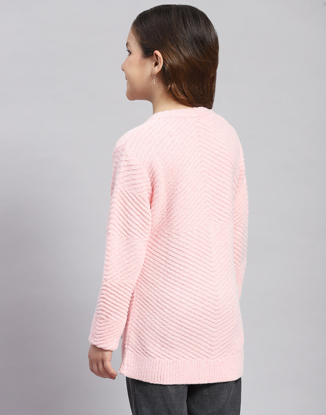 Girls Pink Self Design Round Neck Full Sleeve Sweater