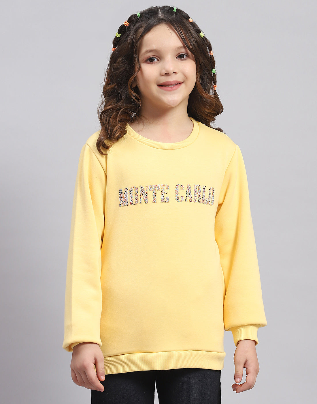 Girls Yellow Embellished Round Neck Full Sleeve Sweatshirt
