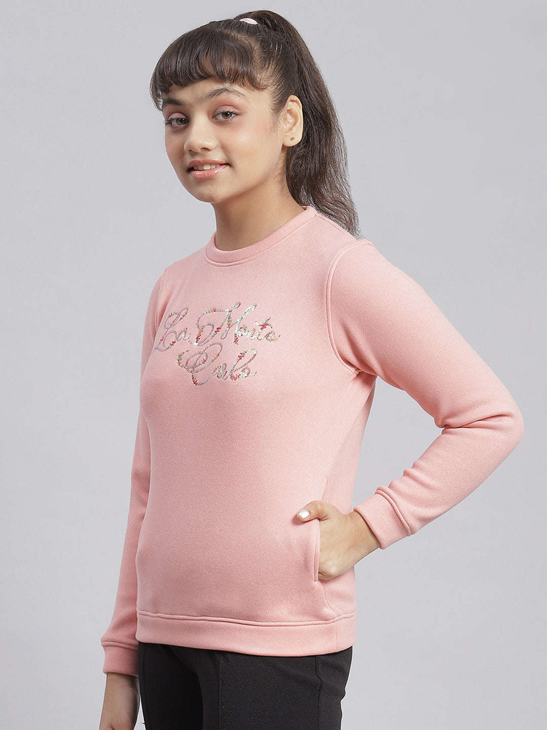 Girls Pink Embellished Round Neck Full Sleeve Sweatshirt
