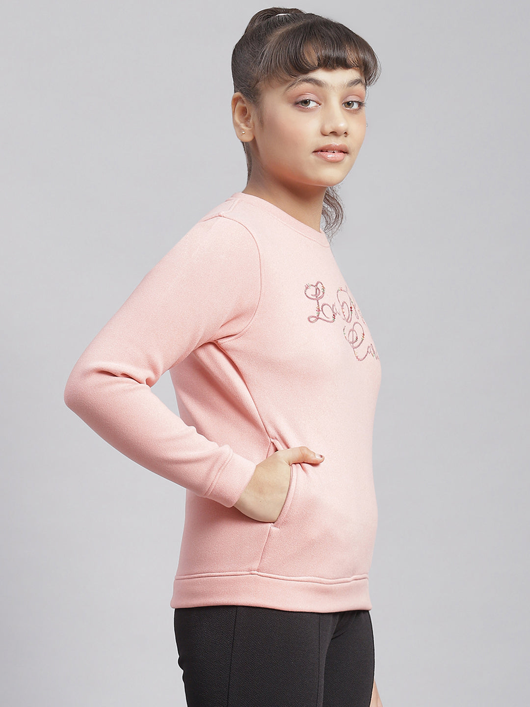 Girls Pink Embellished Round Neck Full Sleeve Sweatshirt