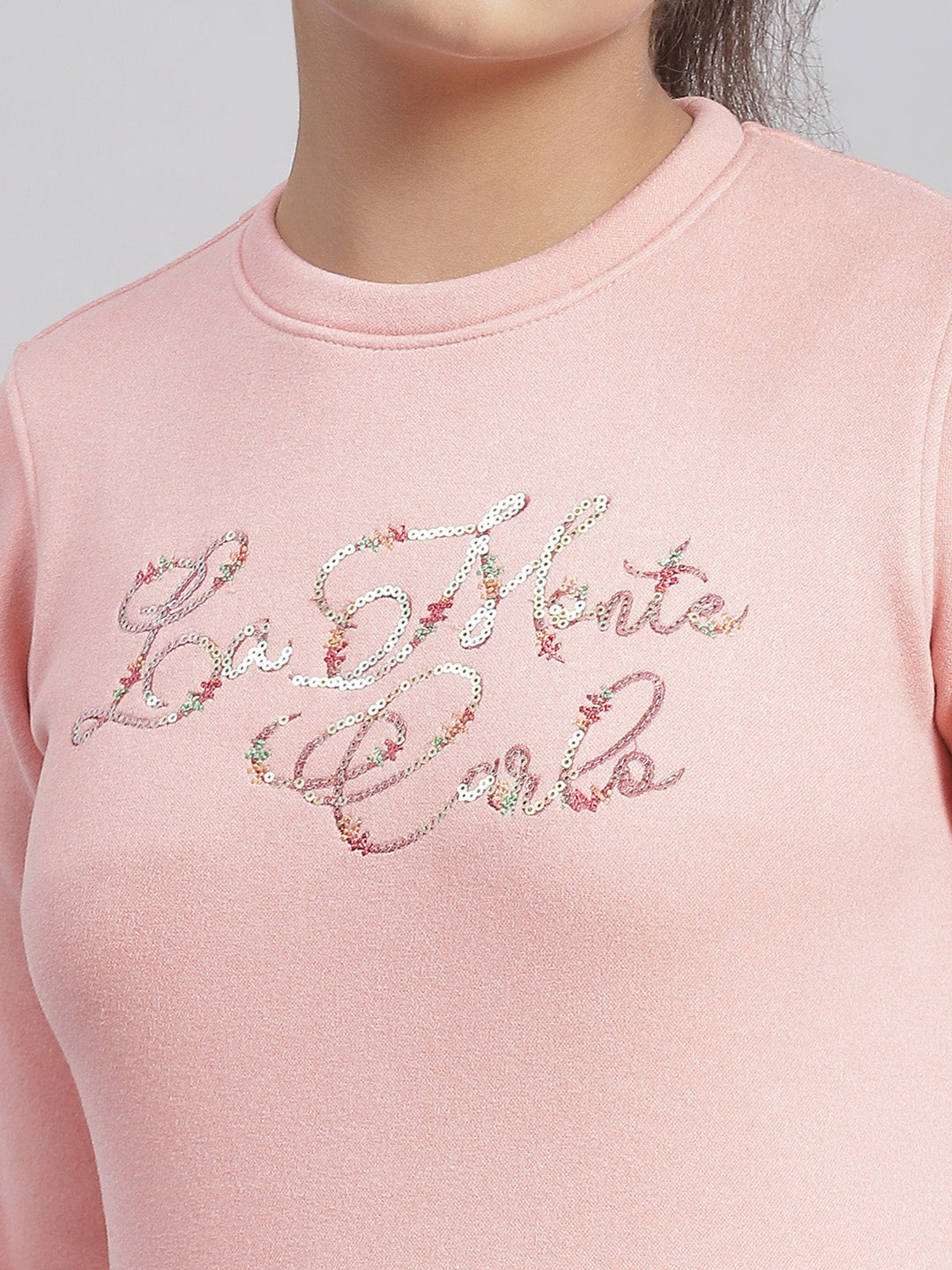 Girls Pink Embellished Round Neck Full Sleeve Sweatshirt