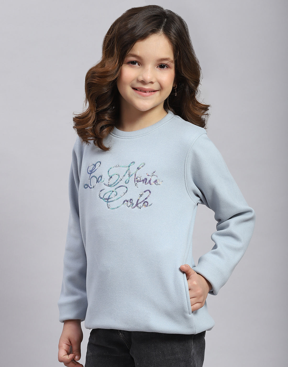 Girls Blue Embroidered Round Neck Full Sleeve Sweatshirt