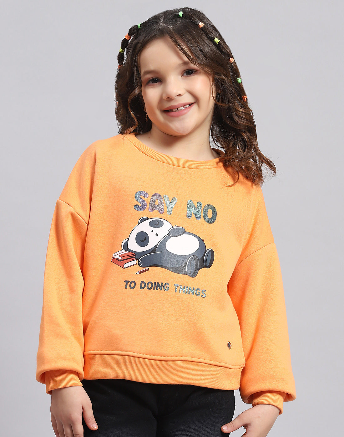Girls Orange Printed Round Neck Full Sleeve Sweatshirt
