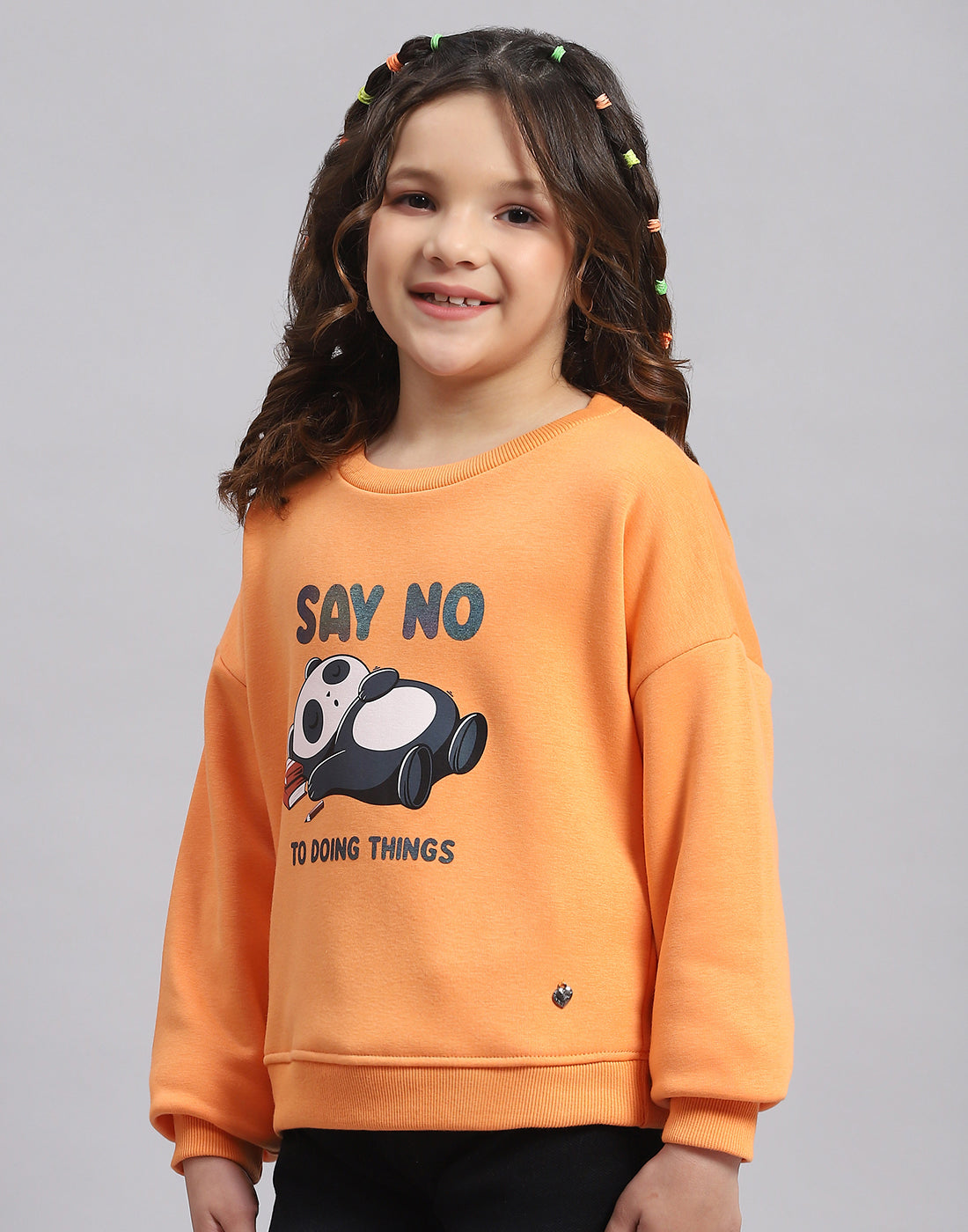 Girls Orange Printed Round Neck Full Sleeve Sweatshirt