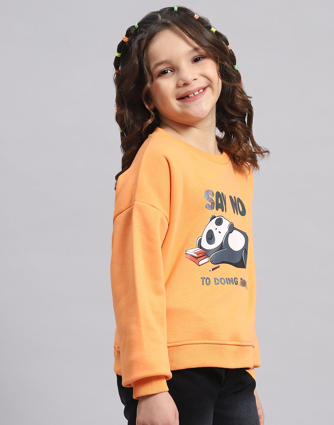 Girls Orange Printed Round Neck Full Sleeve Sweatshirt
