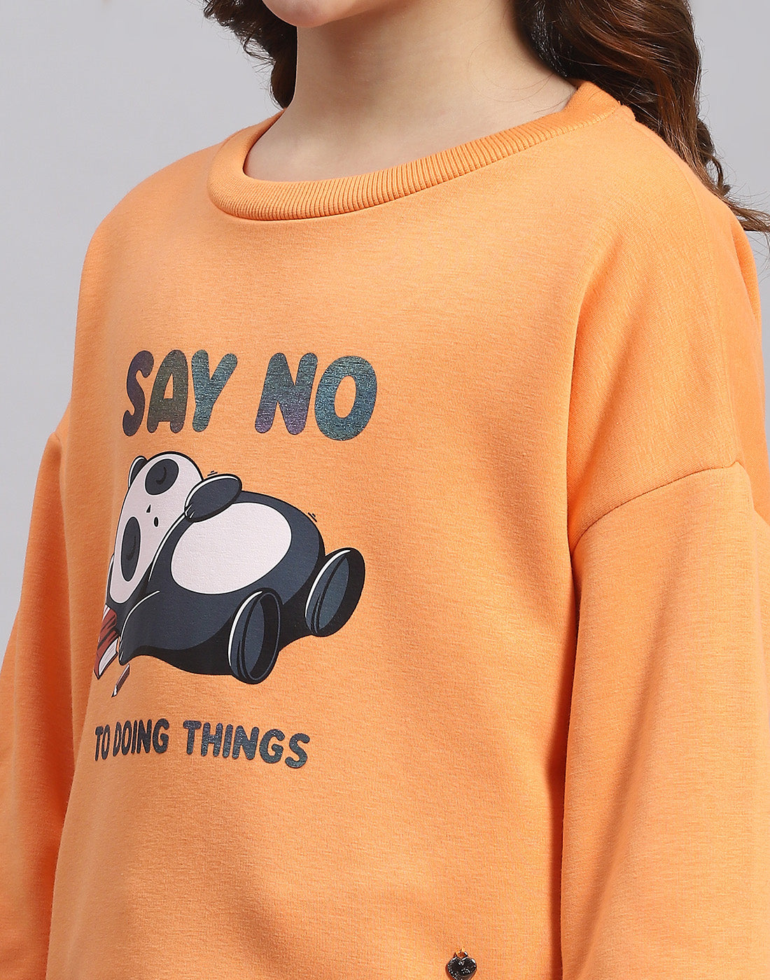 Girls Orange Printed Round Neck Full Sleeve Sweatshirt