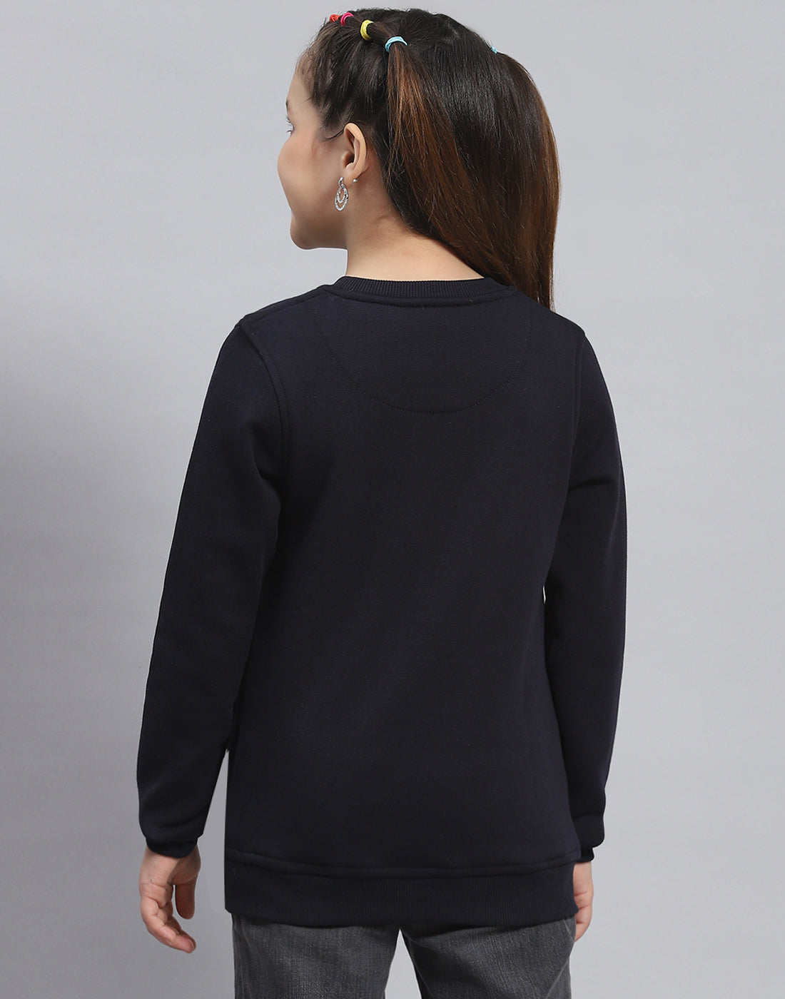 Girls Navy Blue Embellished Round Neck Full Sleeve Sweatshirt