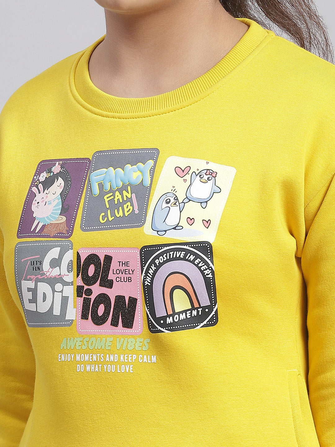 Girls Yellow Printed Round Neck Full Sleeve Sweatshirt