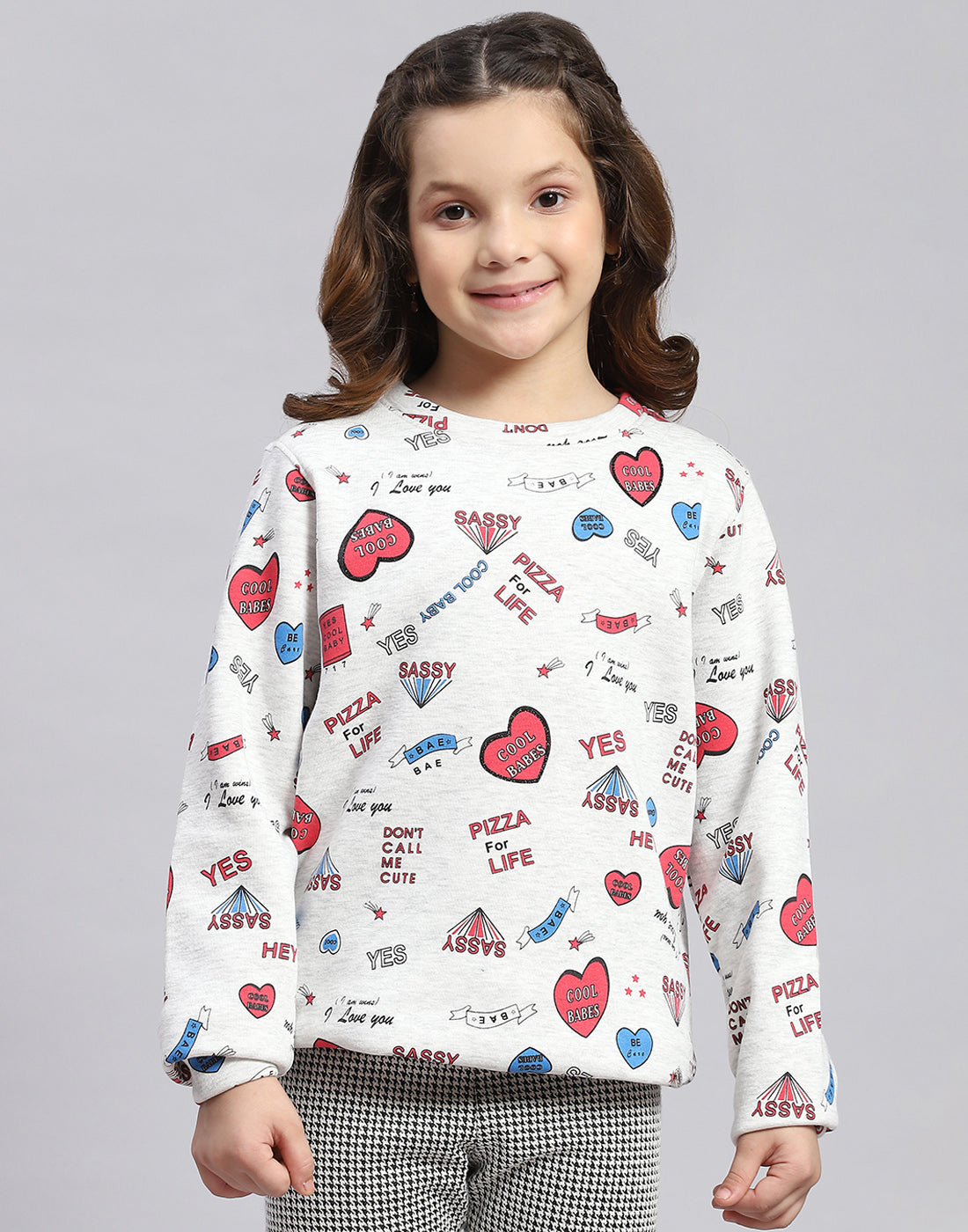 Girls Grey Printed Round Neck Full Sleeve Sweatshirt