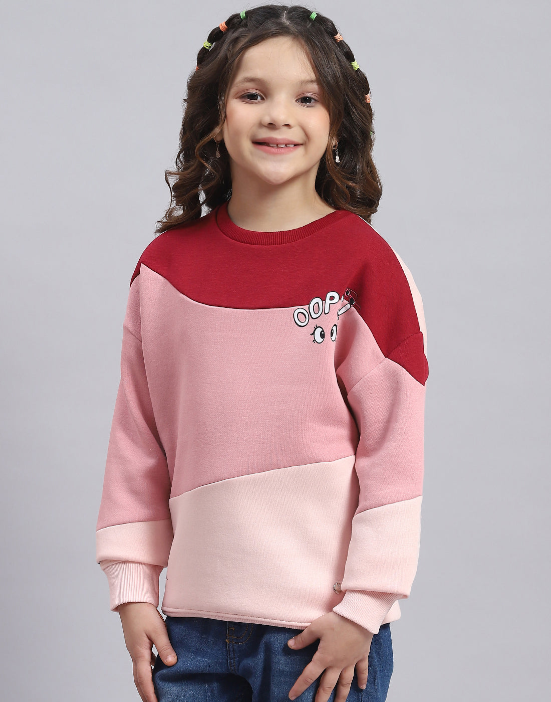 Girls Pink Printed Round Neck Full Sleeve Sweatshirt